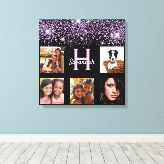 黒い紫のグリッター写真のコラージュ名ユニーク キャンバスプリント (インサイチュ (ウッドフロア))
