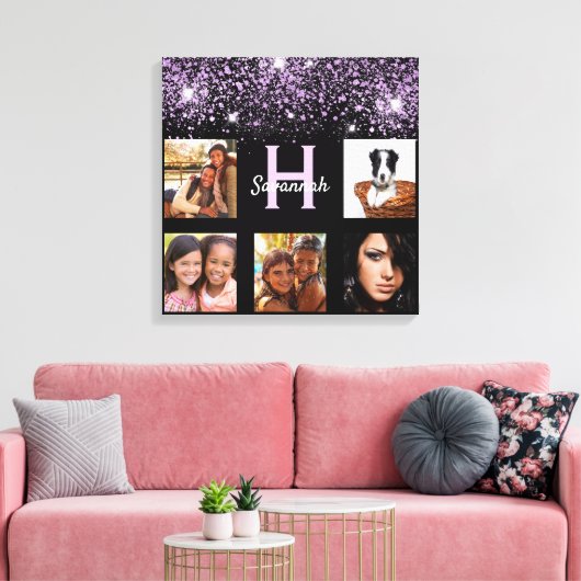 黒い紫のグリッター写真のコラージュ名ユニーク キャンバスプリント (インサイチュ (リビング))