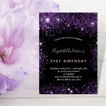黒い紫のグリッター 招待状<br><div class="desc">21ガーリー日(まフェミニンたは任意の年齢)の誕生日パーティーの招待。前面：シックな黒の背景。暗飾紫のグリッターのほこりフェイク。名前とパーティー・詳細のパーソナライズおよび追加名前は手書で書いたスタイルの台本と淡い紫の色の文字。背面：黒い背景とフェイクグリッター。</div>