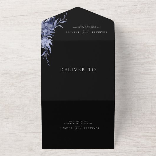 黒い紫のフローラムーディ結婚ー書道の オールインワン招待状 (外側)