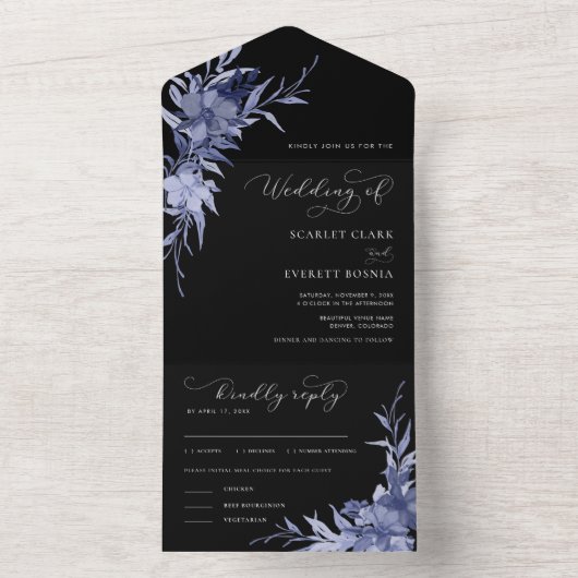 黒い紫のフローラムーディ結婚ー書道の オールインワン招待状 (内側)