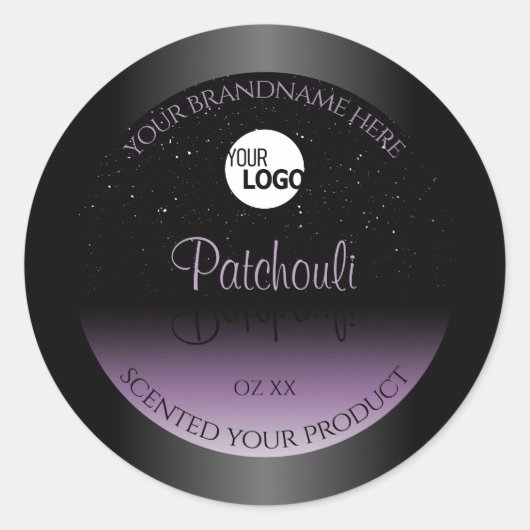 黒い紫色のグラデーション製品ラベルグリッターロゴ ラウンドシール (正面)