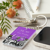 黒い紫色の花の渦巻の花柄パターン キーホルダー (正面右)