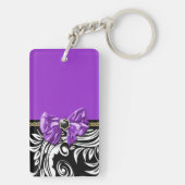 黒い紫色の花の渦巻の花柄パターン キーホルダー (裏面)