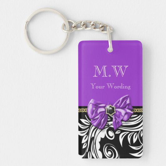 黒い紫色の花の渦巻の花柄パターン キーホルダー (正面)