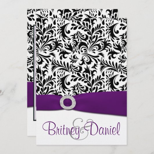 黒い紫色及び白いダマスク織の結婚式招待状 招待状 (正面/裏面)