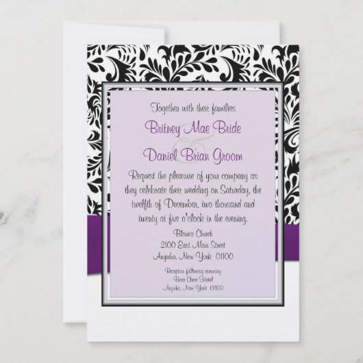 黒い紫色及び白いダマスク織の結婚式招待状 招待状 (裏面)