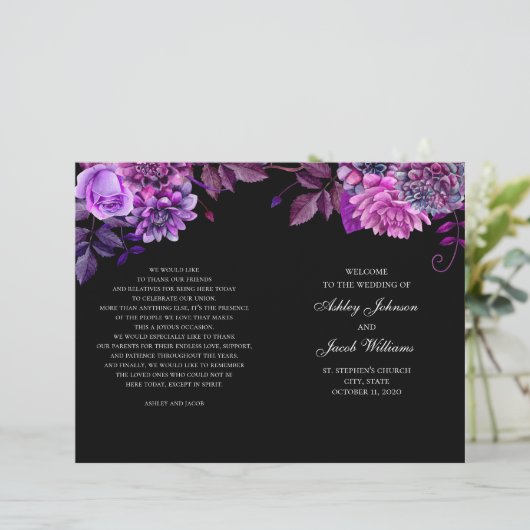 黒い結婚式のプログラムを折った。紫の花 (スタンド正面)