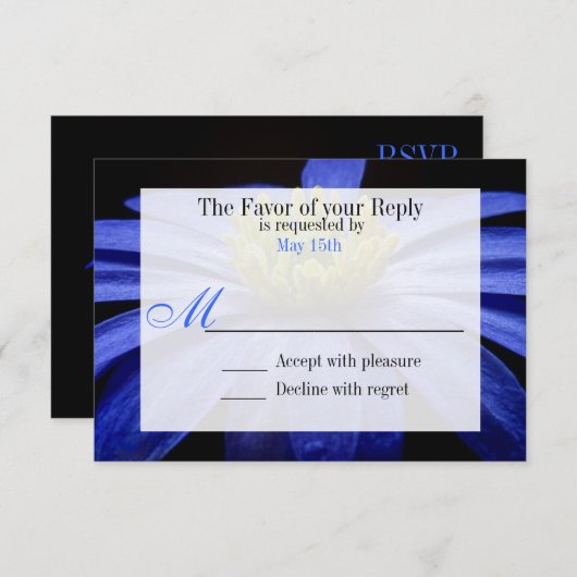 黒い結婚式の出欠届けカードに美しい青い花 出欠カード (正面/裏面)