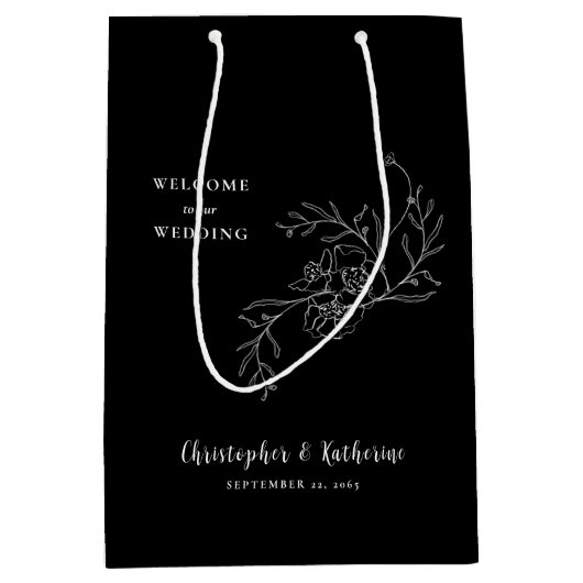 黒い結婚式の引き出物ようこそヴィンテージフローラのアウトライン ミディアムペーパーバッグ (正面)