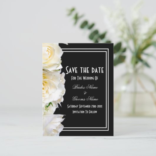 黒い結婚式の白いバラは日付を保存 案内ポストカード (スタンド正面)