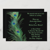 黒い結婚式の緑の羽 招待状 (正面/裏面)
