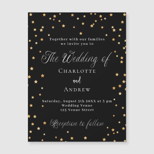 黒い結婚金ゴールドスターのスクリプエレガントト豪華 マグネット招待状 (正面)