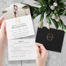 黒い結婚金ゴールド白い楕円形の葉モノグラム写真