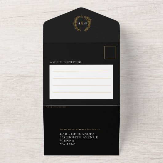 黒い結婚金ゴールド白い楕円形の葉モノグラム写真 オールインワン招待状 (外側)