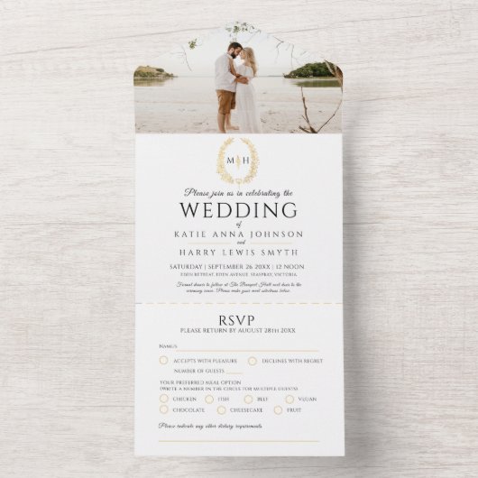 黒い結婚金ゴールド白い楕円形の葉モノグラム写真 オールインワン招待状 (内側)