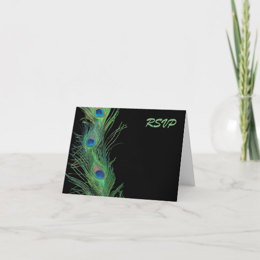 黒い結婚RSVPの緑の羽 招待状 (正面)