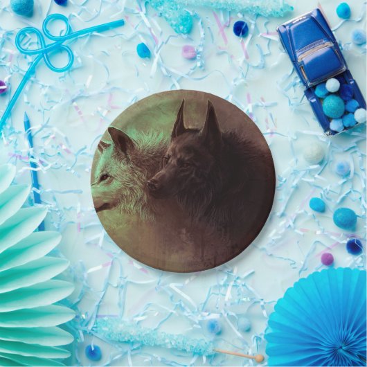 黒い絵画狼と白い狼の ペーパープレート (パーティー)