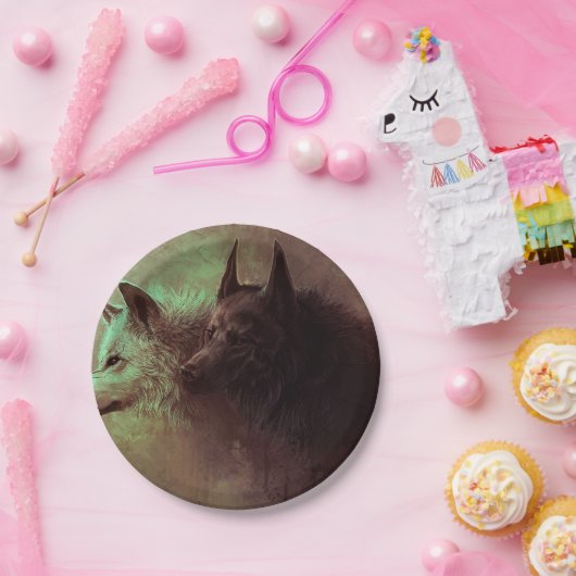 黒い絵画狼と白い狼の ペーパープレート (パーティー)