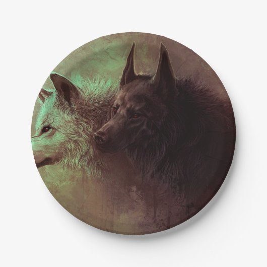 黒い絵画狼と白い狼の ペーパープレート (正面)