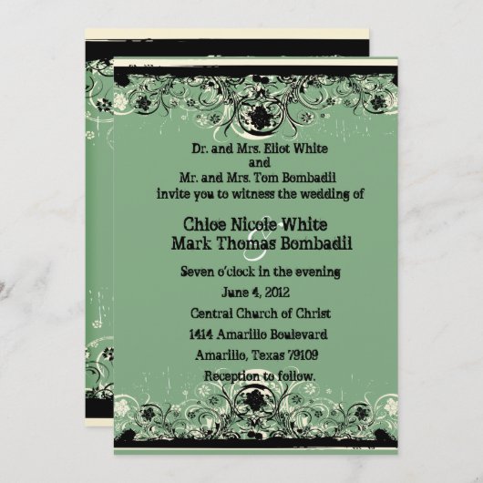 黒い緑のぼろぼろのレースの結婚式招待状 招待状 (正面/裏面)