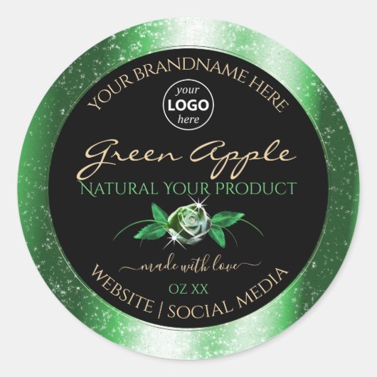 黒い緑のグリッターフローラ製品ラベル追加ロゴ ラウンドシール (正面)