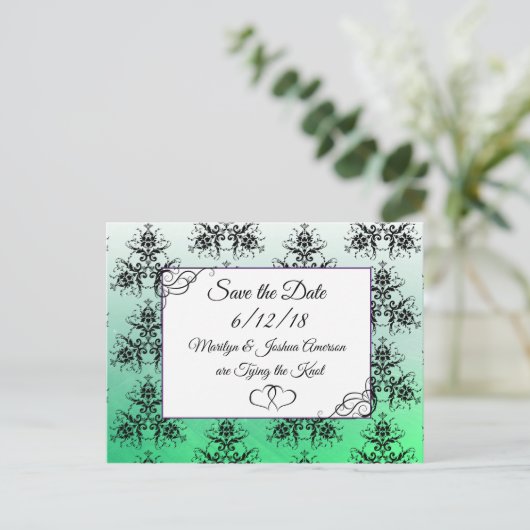 黒い緑のダマスク結婚式の日付はがきを保存 ポストカード (スタンド正面)