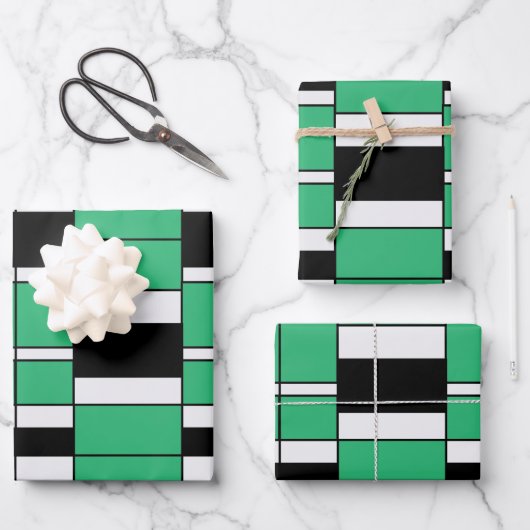 黒い緑のミッドセンチュリー幾何学模様 ラッピングペーパーシート (正面)
