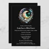 黒い緑の三日月星月星月夜シック 招待状 (正面/裏面)