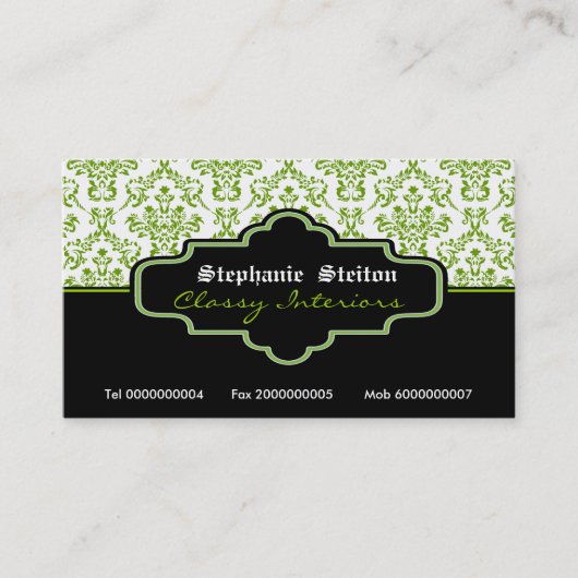 黒い緑の白いダマスクインテリア名刺 名刺 (正面)