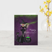 黒い緑の紫色のハローウィンパーティの魅力的な魔法使い カード (黄色い花)