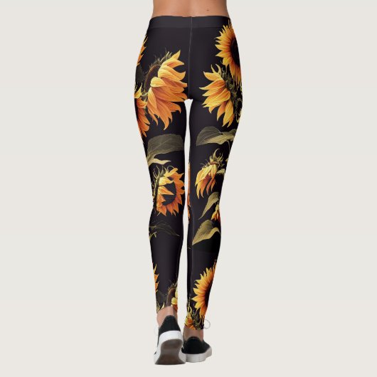 黒い緑の葉花をつける レギンス (裏面)