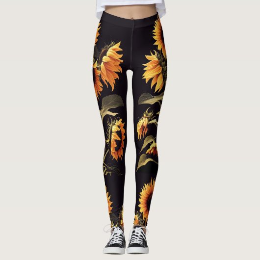 黒い緑の葉花をつける レギンス (正面)