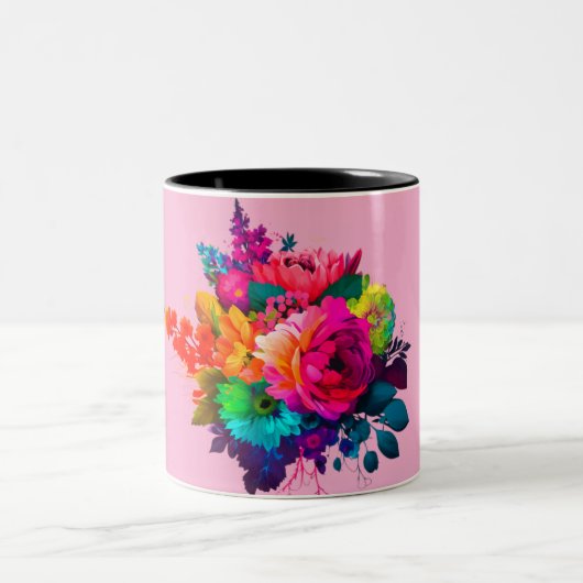 黒い縁取りの華やかな花束 コーヒーマグ ツートーンマグカップ (中央)