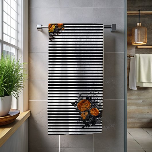 黒い縞模様のオレンジ色の花のローズバスハロウィン バスタオルセット