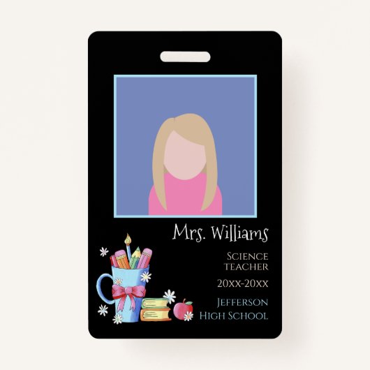 黒い縦型フォトID教育者バッジ バッジ (正面)