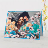 黒い美しい女性 グレイトーンの花々と蝶 カード (黄色い花)