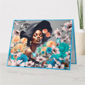 黒い美しい女性 グレイトーンの花々と蝶 カード (正面)