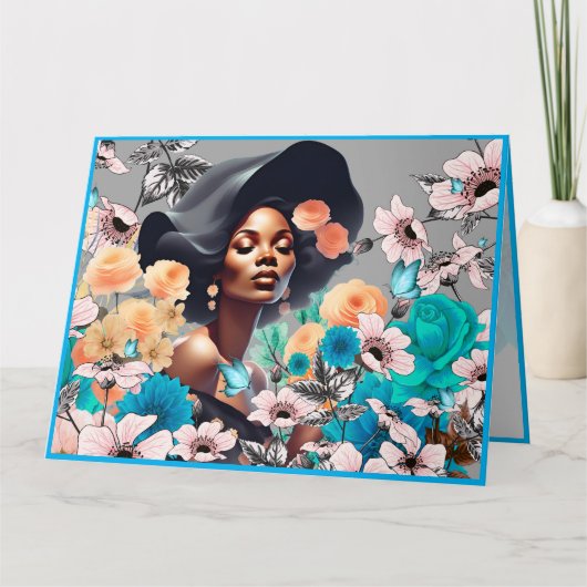 黒い美しい女性 グレイトーンの花々と蝶 カード (正面)