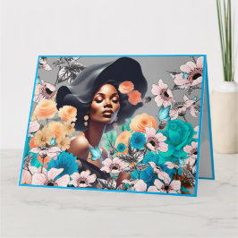 黒い美しい女性 灰色の花々と蝶 カード