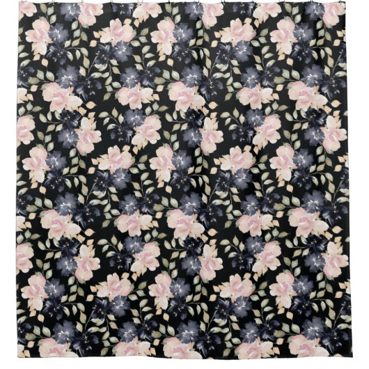 黒い美しい水色の花 シャワーカーテン (正面)