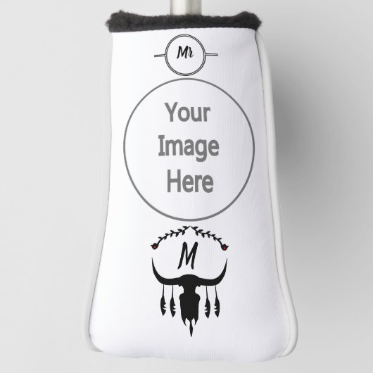 黒い羽のシルエットを持つブルスカル ゴルフヘッドカバー (回転90)