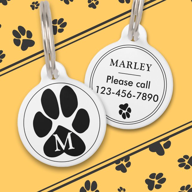 黒い肉球のプリント ミニマル モノグラム カスタムカラー ペット　ネームタグ (クリエイターアップロード済み)