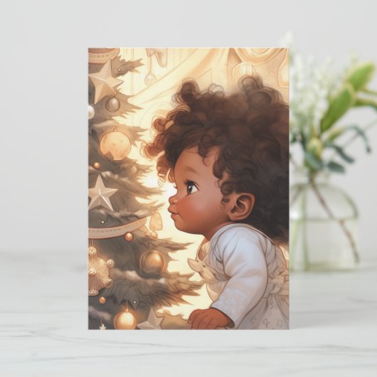 黒い肌の子供がクリスマスツリーを見つめる シーズンカード (スタンド正面)