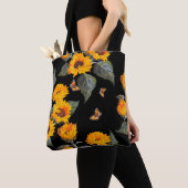 黒い背中に縫い目のない花柄のひまわり トートバッグ (クローズアップ)