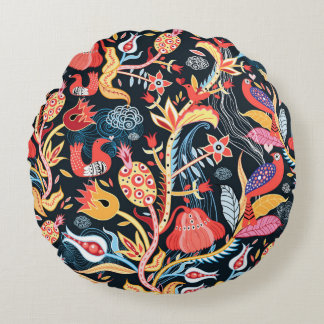 黒い背中に鳥を乗せた観賞用の花柄 ラウンドクッション