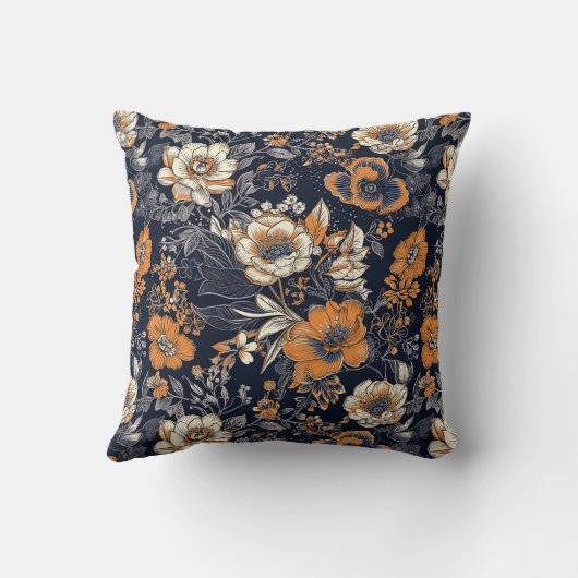 黒い背景にオレンジとクリームのろうけつ染め花模様 クッション (裏面)