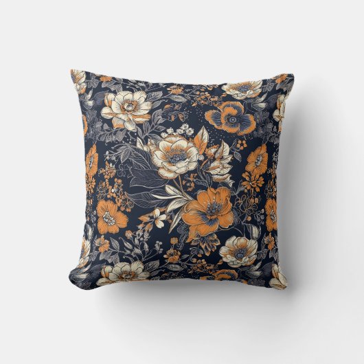 黒い背景にオレンジとクリームのろうけつ染め花模様 クッション (正面)