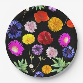 黒い背景にカラフルの夏の花 ペーパープレート