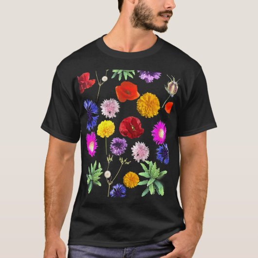 黒い背景にカラフルの夏の花 Tシャツ (正面)